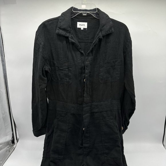 MATE the Label Women's Size Medium Black Linen Long Sleeve Button-Up Jumpsuit - Picture 8 of 15